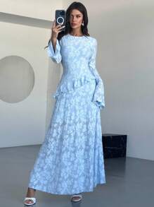 Firerie Rochie midi elegantă pentru femei, decupată, cu volane, în linie A, cu mâneci evazate, albastră, potrivită pentru vacanță, întâlniri, întoarcerea la școală, absolvire, purtare zilnică