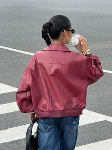 SHEIN EZwear 女士秋装新款落肩长袖拉链红色 PU 皮夹克，适合日常穿着 - 酒紅色 - 查看 2