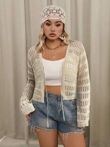 SHEIN VCAY Áo len cardigan dáng croptop màu trơn đơn giản dành cho nữ cỡ lớn, áo dài tay - Màu Khaki - Xem 4