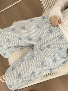 Dazy Plus 加大码弹力腰带条纹星形印花宽松直筒睡裤，适合秋冬季节，舒适保暖 - 白色 - 查看 8