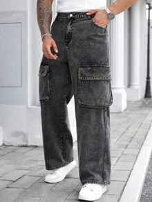 Manfinity Homme Quần Cargo Streetwear Nam có túi lớn và thiết kế đinh tán bằng đồng, vải denim đã giặt - màu đen - Xem 5
