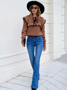 RueChic Farbblock Pullover Für Damen Mit Rüschenverzierung Und Schnürkragen