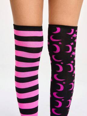 Grunge Punk 1 Pair Gothic Style Maroon & Black Striped With Star & Moon Over-The-Knee Socks