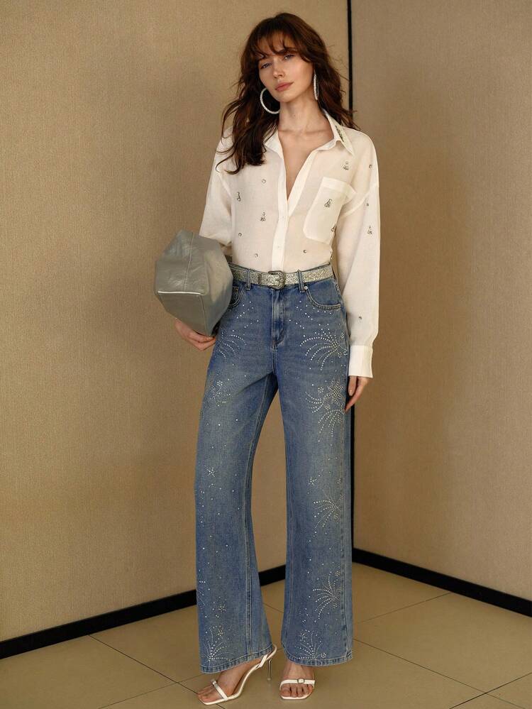 ELEGANT RHINESTONE EMBELLISHED STRAIGHT LEG LOOSE FIT JEANS