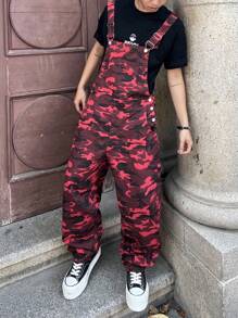 Manfinity Roghcode 男士迷彩图案口袋阔腿宽松休闲牛仔背带裤 - 紅色 - 查看 3