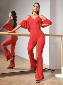 Menodora SHEIN Sport Bộ đồ liền thân khiêu vũ hở vai xếp nếp màu trơn - Đỏ - Xem 4