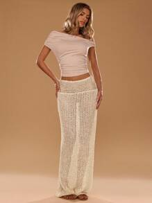 SHEIN BAE Falda de punto de diseño hueco de unicolor y extra larga de moda para mujer - Albaricoque - Ver 3