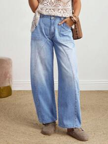 EMERY ROSE 女式纽扣前口袋宽松直筒牛仔裤 - 淺色水洗藍 - 查看 5