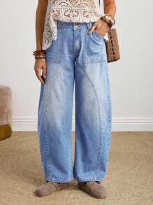 EMERY ROSE 女式纽扣前口袋宽松直筒牛仔裤 - 淺色水洗藍 - 查看 6
