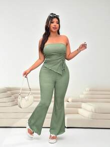 Solflare Bộ 2 món: Áo Bandeau màu cà phê và quần ống loe, cỡ lớn, quần áo xuân hè - xanh quân đội - Xem 4