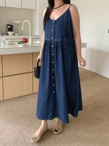 Dazy Plus Dark Wash Blue A-Line Denim Pinafore Dress, All Season - Dark Wash - View 4