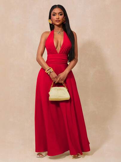 SHEIN SXY Elegantes, sexy Damen-Neckholder-Kleid mit offenem Rücken, fließender Schwingrock, Prinzessinnenkleid, geeignet für Dates, Partys, Geburtstage, Feiertage, Strandurlaub