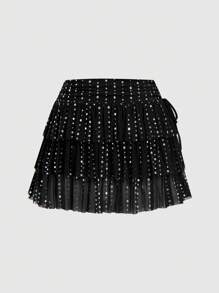 SHEIN SXY Plus Size Women Solid Color Sequin Multi-Layer Ruffle Hem Short Fashion Mini Skirt,Club Outfits Women Sexy; Sequin / Rhinestone