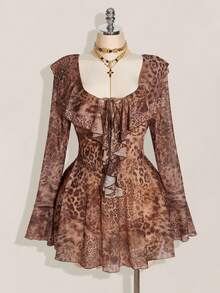 SHEIN ICON Plus Size Women's Leopard Mesh Print V-Neck Ruffle Trim Mini Dress, Y2k, Suitable For Autumn, Date, , Fall Dresses Women,Elegant Clothes - Multicolor - View 3