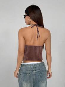 StreetHx 女士性感条纹露背露脐上衣，夏季 - 棕色 - 查看 2