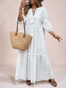 Freevana Robe de vacances grande taille femme avec encolure en V, cordons à franges et texturée à ligne A, robe longue blanche, tenue d'invité pour mariage, robe bohème romantique pour la plage, robe de remise des diplômes pour femme, robe d'invitée de mariage, vêtements d'été boho pour femme, tenues de brunch pour femme, tenues d'aéroport pour femme, tenues de vacances à la plage, tenues de city break, tenues de vacances, robes blanches pour femme, mini-robes pour femme, robes occidentales pour femme, robes pour femme, robes de fête pour femme, robe de Pâques blanche élégante pour femme