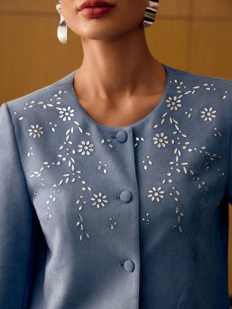 SUEDE RHINESTONE DETAIL BUTTON UP JACKET