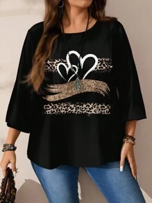 EMERY ROSE Plus Size Women Casual All-Over Print Round Neck Loose 3/4 Sleeve Shirt Fall Clothes Chic Blouses For Women