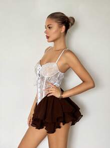 SHEIN ICON Đầm ngắn hai dây ren hoa thiết kế viền bèo nhún thời trang thu đông cho nữ - Nhiều màu - Xem 9