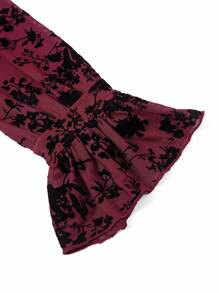 SHEIN Clasi Crew Neck Waist Cinched Flocked Dress, Halloween Dress - Red and Black - View 4