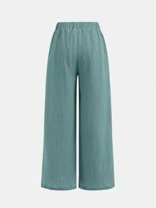 SHEIN Girlism Bộ 2 quần ống rộng rộng rãi, dệt họa tiết nơ cho bé gái tuổi teen, màu đen + kaki, phong cách thoải mái cho ngày lễ, mùa tựu trường - Màu xanh Cadet - Xem 6