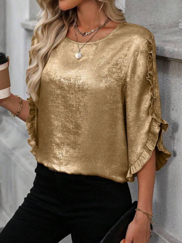 SHEIN Clasi Camisa casual de oficina de tela brillante con puños con volantes para ropa de fiesta de Año Nuevo