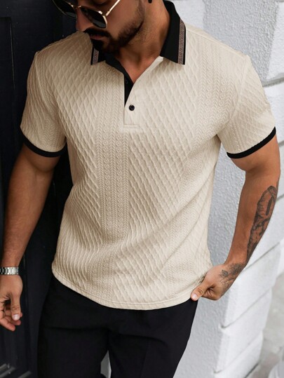 Manfinity Homme Men's Apricot Knitted Polo Shirt With Rib-Knit Details For Tennis And Golf Style