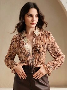 Anewsta 女式豹纹优雅花卉拼布圆领衬衫，春夏 - 棕色 - 查看 4