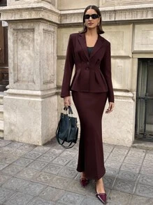 Aloruh Conjunto de blazer y falda elegante y de moda con cuello de solapa para mujer en otoño/invierno