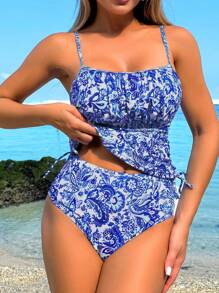 Swim Lushoire Women's Spring/Summer Beach Vacation Random Print Spaghetti Strap Ruched Drawstring Top And High Waist Versatile Tankini Swimsuit 2 Pieces Set