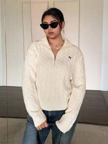 Dazy Plus Zip-Up Half Open Collar Loose Embroidered Pattern Long Sleeve Pullover Sweater, Spring/Autumn - Apricot - View 5