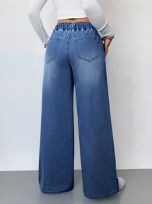 SHEIN PETITE Women's Blue Jeans Summer Wide-Leg Pants Comfortable Elastic Waist With Pockets Summer Casual Wear - Dark Wash - View 2