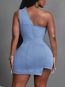 Slaydiva Plus Size Women's Asymmetrical Design Short Denim Dress - Medium Wash - View 3