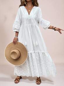 Freevana Robe de vacances grande taille femme avec encolure en V, cordons à franges et texturée à ligne A, robe longue blanche, tenue d'invité pour mariage, robe bohème romantique pour la plage, robe de remise des diplômes pour femme, robe d'invitée de mariage, vêtements d'été boho pour femme, tenues de brunch pour femme, tenues d'aéroport pour femme, tenues de vacances à la plage, tenues de city break, tenues de vacances, robes blanches pour femme, mini-robes pour femme, robes occidentales pour femme, robes pour femme, robes de fête pour femme, robe de Pâques blanche élégante pour femme