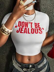 Rovax 女士字母印花修身短款 T 恤，夏季女士上衣 - 白色 - 查看 1