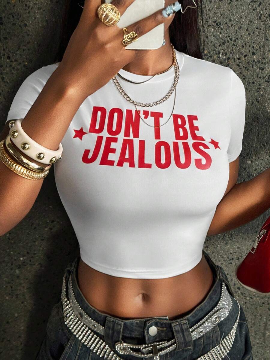 Rovax 女士字母印花修身短款 T 恤，夏季女士上衣 - 白色 - 查看 1