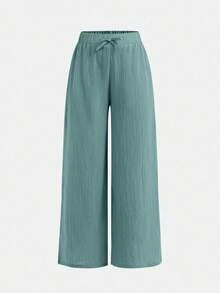 SHEIN Girlism Bộ 2 quần ống rộng rộng rãi, dệt họa tiết nơ cho bé gái tuổi teen, màu đen + kaki, phong cách thoải mái cho ngày lễ, mùa tựu trường - Màu xanh Cadet - Xem 7