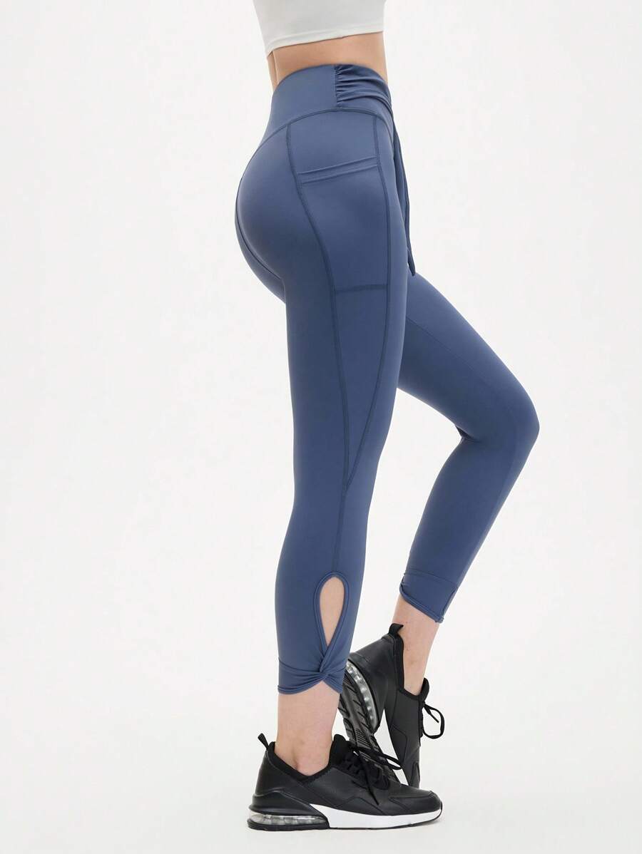 Eassivo Eassivo Women's Blue Twist Hollow Lace-Up Sports Leggings With Waist Tie - Dusty Blue - View 1