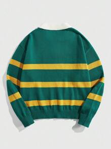 ROMWE MEN Prep 男式 Polo 领学院风徽章条纹针织毛衣，学院风青春时尚，秋冬 - 綠色 - 查看 2