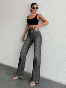 EURMUSE 99%Cotton Zipper Fly Straight Leg Jeans - Light Grey - View 5