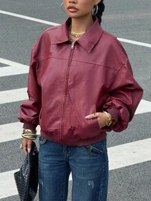 SHEIN EZwear 女士秋装新款落肩长袖拉链红色 PU 皮夹克，适合日常穿着 - 酒紅色 - 查看 6