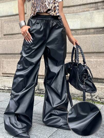 Coolane Women's Fall Streetwear Y2K Grunge  Hippie Punk Rapper Basic Athleisure Leather Black Cargo Pants