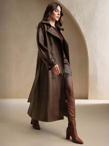 Anewsta Women's Solid Color Long Sleeve Lapel NeckFashion Loose Elegant PU Leather Long Windbreaker Jacket, Autumn - Brown - View 5