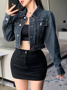 DAZY 女士休闲宽松牛仔夹克，大口袋，短款街头风格长袖外套，适合秋冬季 - 深色水洗藍 - 查看 4