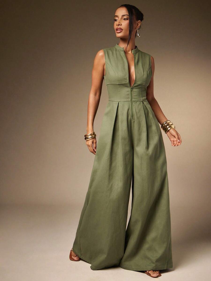 Hauture Extreme Wide Leg Zip Front Sleeveless Jumpsuit - Army Green - View 1