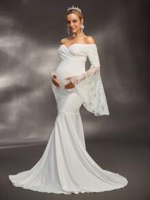 Cheriluna Maternity فستان تصوير الحمل / فستان حفلة أنيق / فستان استحمام الطفل - كتف مكشوف ، كم طويل غير متماثل مبالغ فيه ، فستان ماكسي بتصميم رقعة من الدانتيل