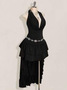 SHEIN ICON Vestido de talla grande con cuello en pico, halter, cintura alta, volantes y bajo asimétrico sin espalda - Negro - Ver 5
