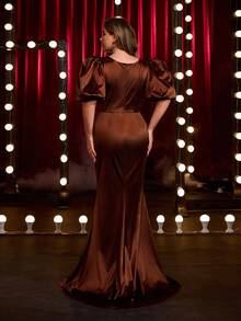 Glamrae 加大码优雅浪漫奢华咖啡色方领泡泡袖修身鱼尾下摆拖尾连衣裙，适合晚会、单身派对、约会、度假、舞会、毕业典礼、正式礼服（重刺绣） - 棕色 - 查看 4