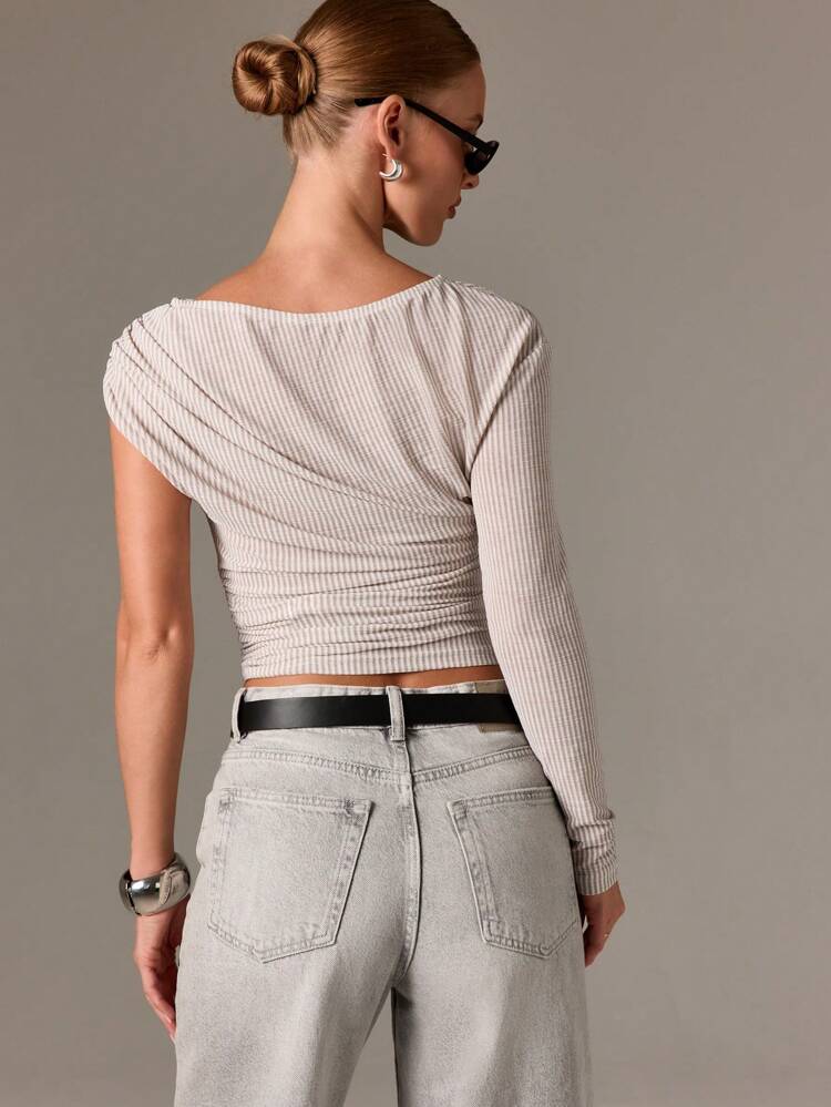 Asymmetrical Striped Jersey Top With Ruched Detail