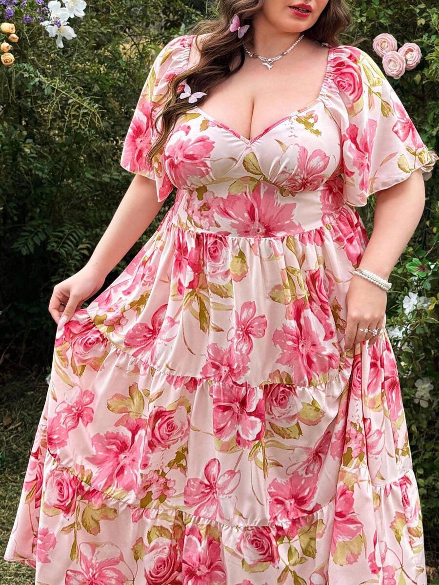 Flirla Vestido de manga corta con cuello en V con volantes y estampado floral francés en estilo resort suave para primavera en tallas grandes - Multicolor - Ver 1